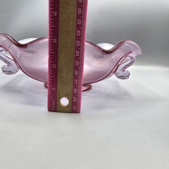 Fenton Pink Iridescent Stretch Hexagonal Bowl Dolphin Koi Fish Handles Signed - Picture 7 of 9